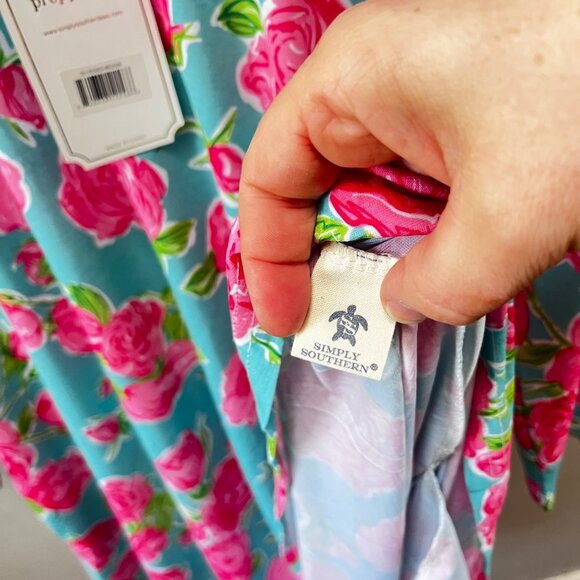 Simply Southern‎ Womens Floral Print Dress Medium Aqua & Pink Rose Pattern - Picture 4 of 8